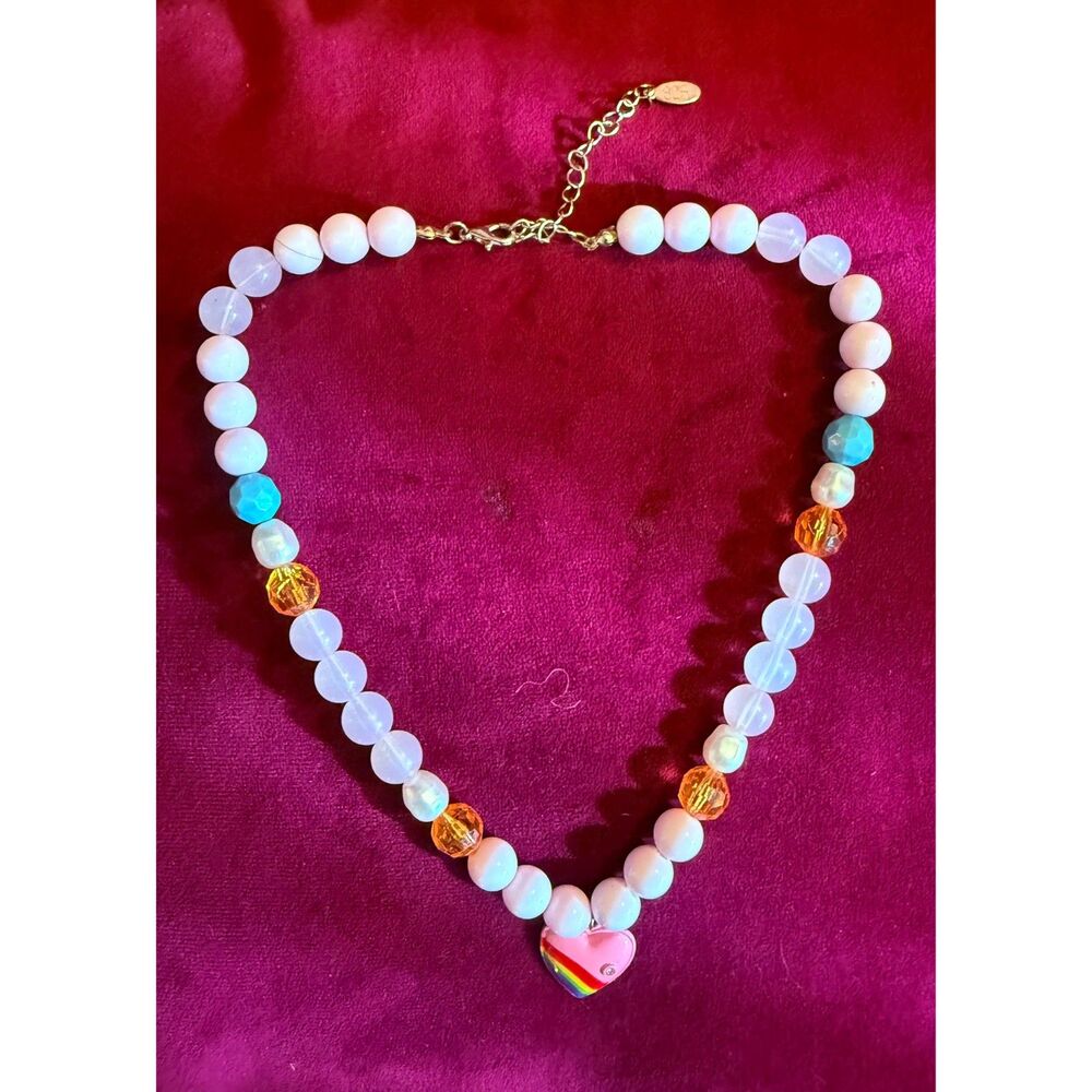 8 Other Reasons 80R Pink Enamel Rainbow Heart Pearl Beaded Choker Necklace
